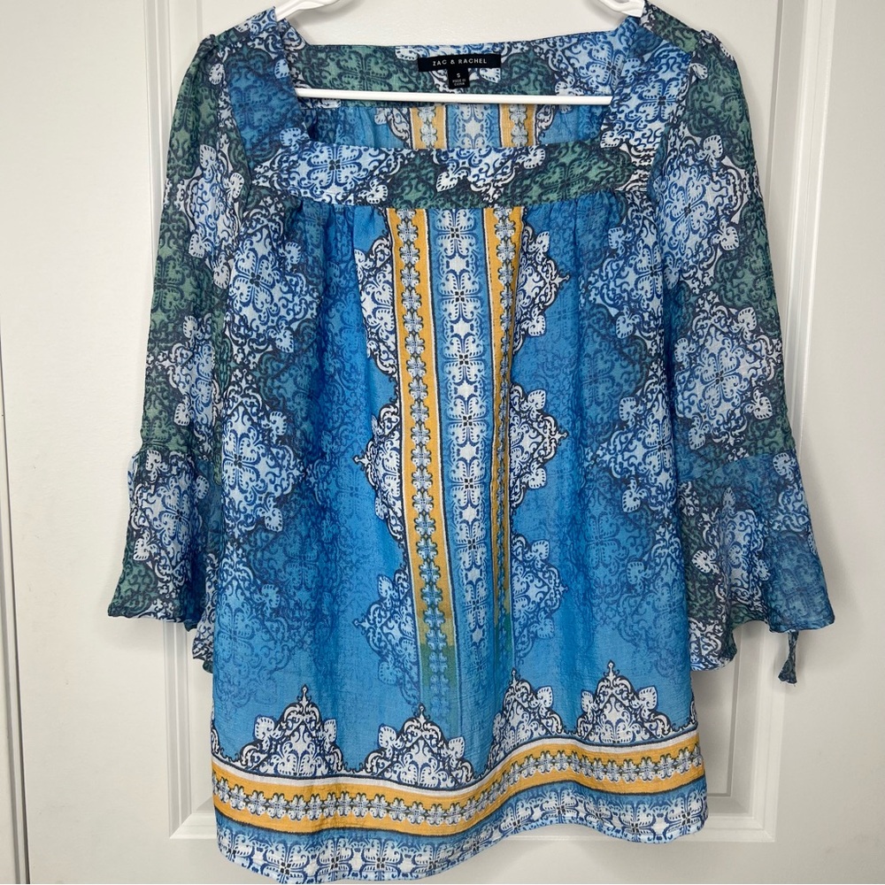 Zac & Rachel Blouse Size Small Blue and Yellow Pattern Boho Vibes